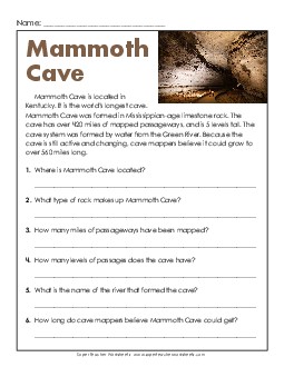 Mammoth Cave 4th Grade Reading Comprehension Worksheet