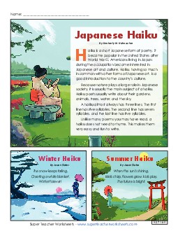 Haiku (Short Article & Poems) 4th Grade Reading Comprehension Worksheet