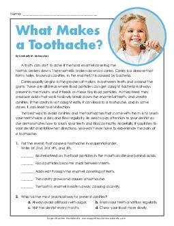 What Makes a Toothache? 4th Grade Reading Comprehension Worksheet