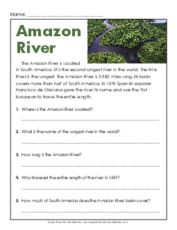 Amazon River 4th Grade Reading Comprehension Worksheet