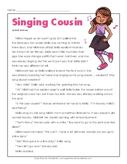 Singing Cousin (Fiction) 4th Grade Reading Comprehension Worksheet