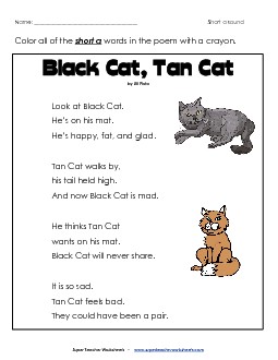 Phonics Poem: Black Cat, Tan Cat Worksheet