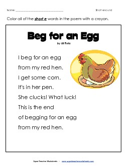 Phonics Poem: Beg for an Egg Phonics Vowels Worksheet