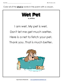 Phonics Poem: Wet Pet Phonics Vowels Worksheet