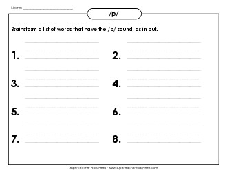 Brainstorm /p/ Words Phonics Words With Worksheet