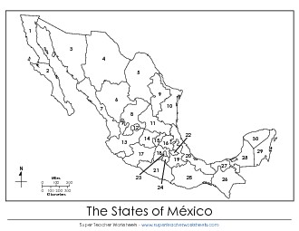 Mexico States (Numbered; English) Maps Worksheet