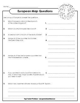 Europe - Questions Maps Worksheet