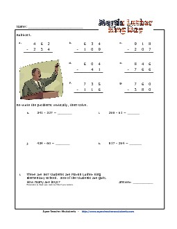 M.L.K. Math - Subtraction (3-Digit Numbers) Holiday Worksheet