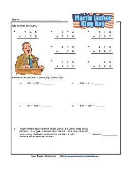 M.L.K. Math - Adding (3-Digit Numbers) Holiday Worksheet