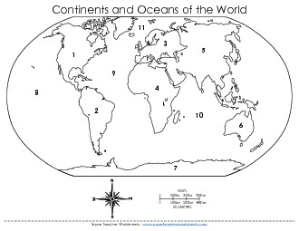 Continents & Oceans (Numbered) Maps Worksheet