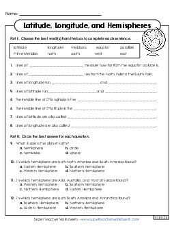 Hemispheres, Latitude and Longitude Maps Worksheet