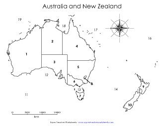 Australia & NZ Map - Numbered Worksheet