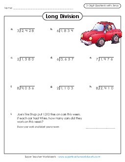 3-Digit Quotients with Zero Division Worksheet