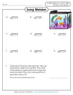 3-Digit Dividends (w/ Remainders) Division Worksheet