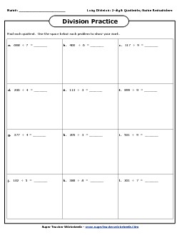 Division Boxes: 3-Digit Dividends (#1) Worksheet