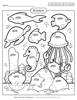 Sea Animal Division Picture (w/ Remainders) Free Worksheet