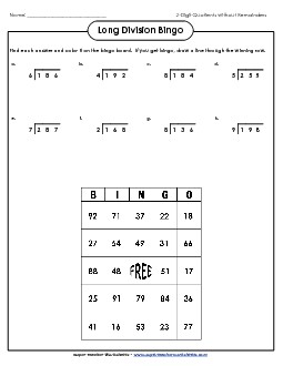 Bingo:Â  3-Digit Dividends (No Remainders) Free Division Worksheet