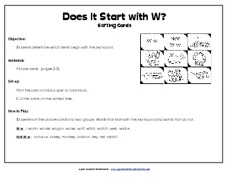 Starts With W - Sort Phonics Beginningsounds Worksheet