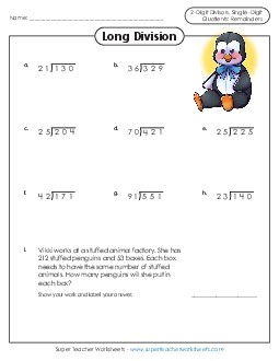 2-Digit Divisors w/ Remainders Division Worksheet