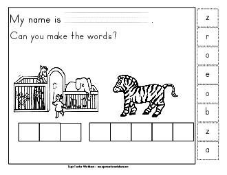 Build-a-Word: Zoo and Zebra Phonics Beginningsounds Worksheet