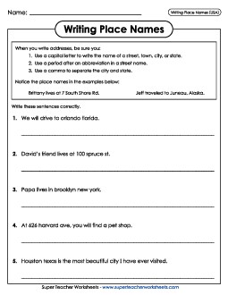 Writing Place Names (USA) Worksheet