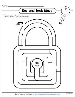 Key and Lock Maze Brainteasers Worksheet