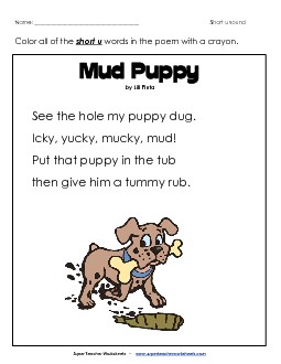 Short U Poem: "Mud Puppy" Phonics Worksheet