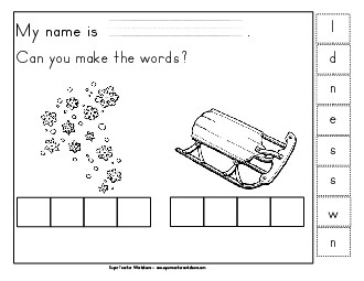 Build-a-Word: Snow & Sled Phonics Beginningsounds Worksheet