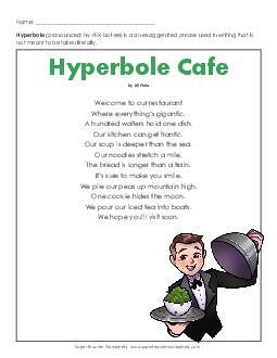 Hyperbole Cafe (Poem) 5th Grade Reading Comprehension Worksheet