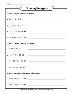 Ordering Integers Worksheet