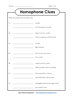 Homophone Clues Free Homophones Worksheet