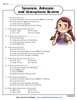 Synonym, Antonym, and Homophone Review Homophones Worksheet