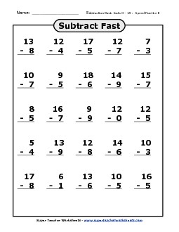 Subtraction Facts 0-18 (Worksheet B) Math Drills Worksheet