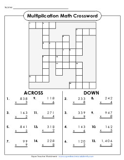 Multiplication Crossword (3-Digit by 1-Digit) Free Worksheet