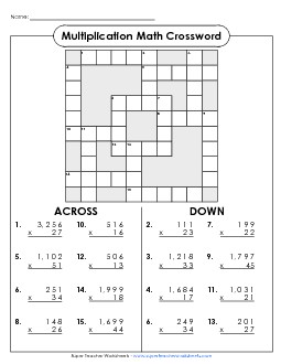 Multiplication Crossword (4-Digit by 2-Digit) Worksheet