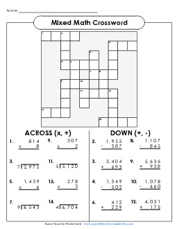 Math Crossword - Add, Subt, Mult, Div Division Worksheet