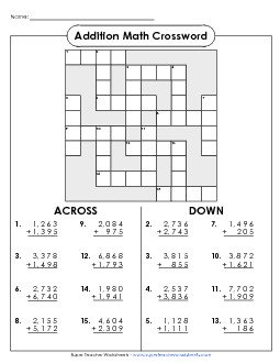 Addition Crossword (4-Digit) Free Worksheet