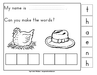 Build-a-Word: Hen & Hat Phonics Beginningsounds Worksheet