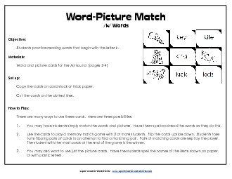 Word-Picture Match - /k/ Words Phonics Beginningsounds Worksheet