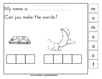 Build-a-Word: Mat & Moon Phonics Beginningsounds Worksheet