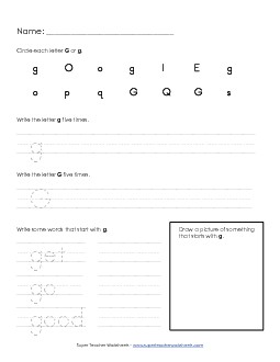 Letter G g - Practice Sheet Alphabet Worksheet