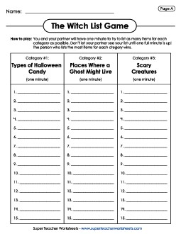 Witch List Game Holiday Worksheet