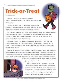 Trick-or-Treat  Reading Comprehension Worksheet