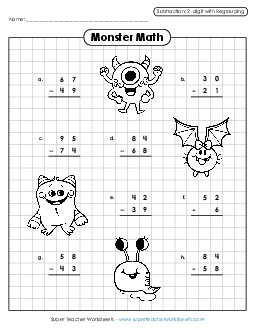 Monster Math (Subtraction: 2-Digits w/ Regrouping) Worksheet