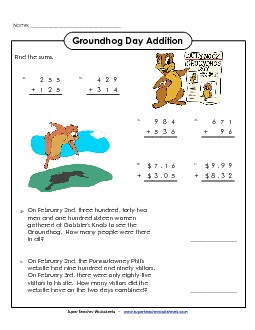 3-Digit Groundhog Addition Groundhog Day Worksheet