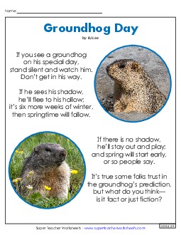 Groundhog\'s Special Day (Poem) Free Poems Worksheet