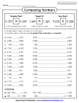 Comparing 4-Digit Numbers Place Value Worksheet