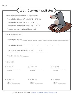 Least Common Multiple 2 Free Factors Worksheet