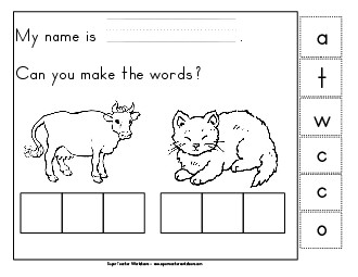 Build-a-Word: Cow & Cat Phonics Beginningsounds Worksheet