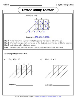 Lattice Multiplication : 3 digits by 2 digits Worksheet